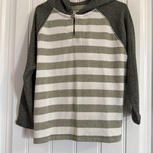 Striped Olive & White Half-Zip Hooded Sweater - Kids